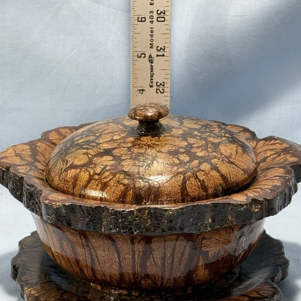 RARE Vintage 7 Piece Chrysanthemum Wood Bowl w/‎ Lid, Plate and 4 Coasters